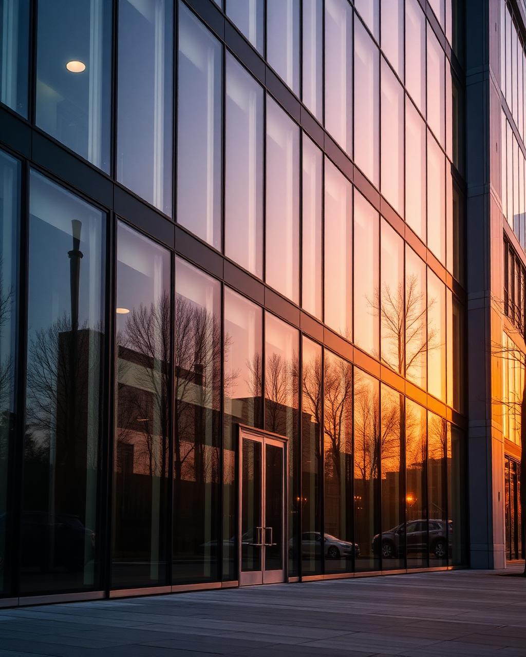 Modern commercial real estate building at sunset